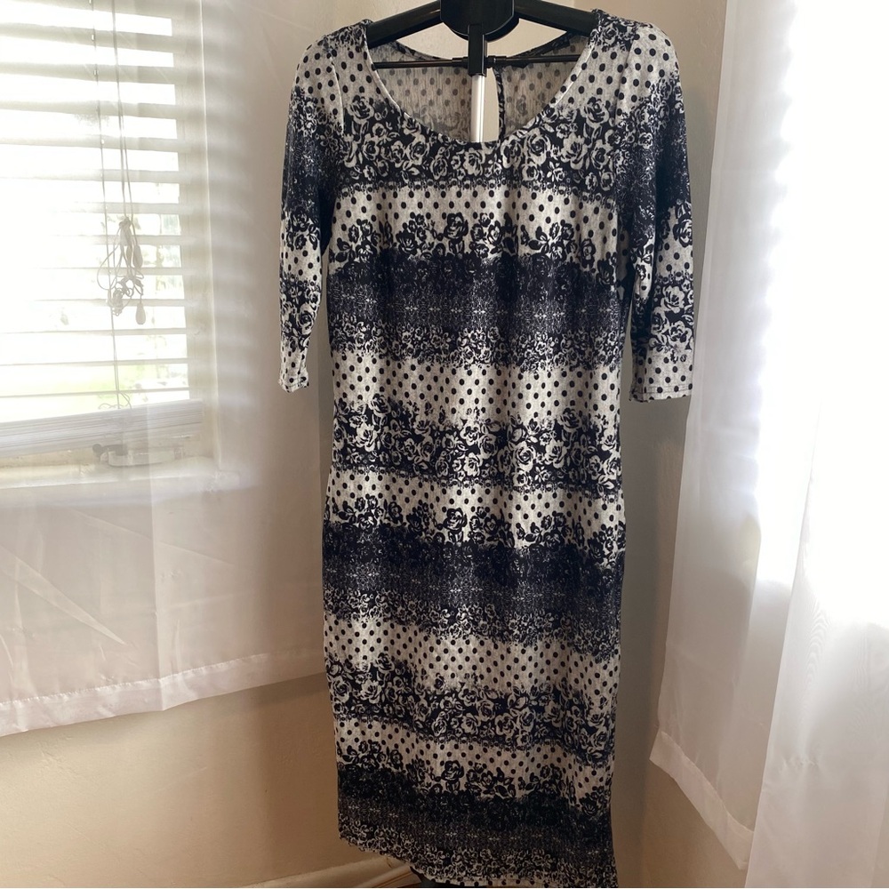 Mlle Gabrielle black and gray polka dot and floral print 3/4 sleeve dress.